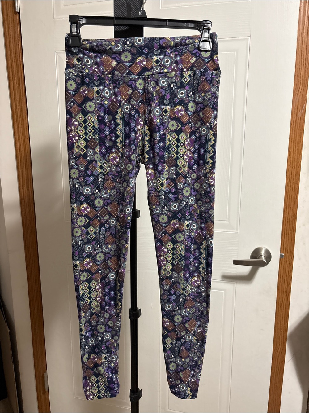 LuLaRoe Purple Multi-Print Leggings with Green and Brown Accents
